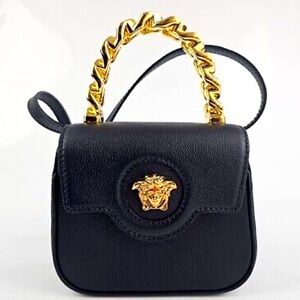 Versace Black Leather Mini Tote Gold Handle Bag